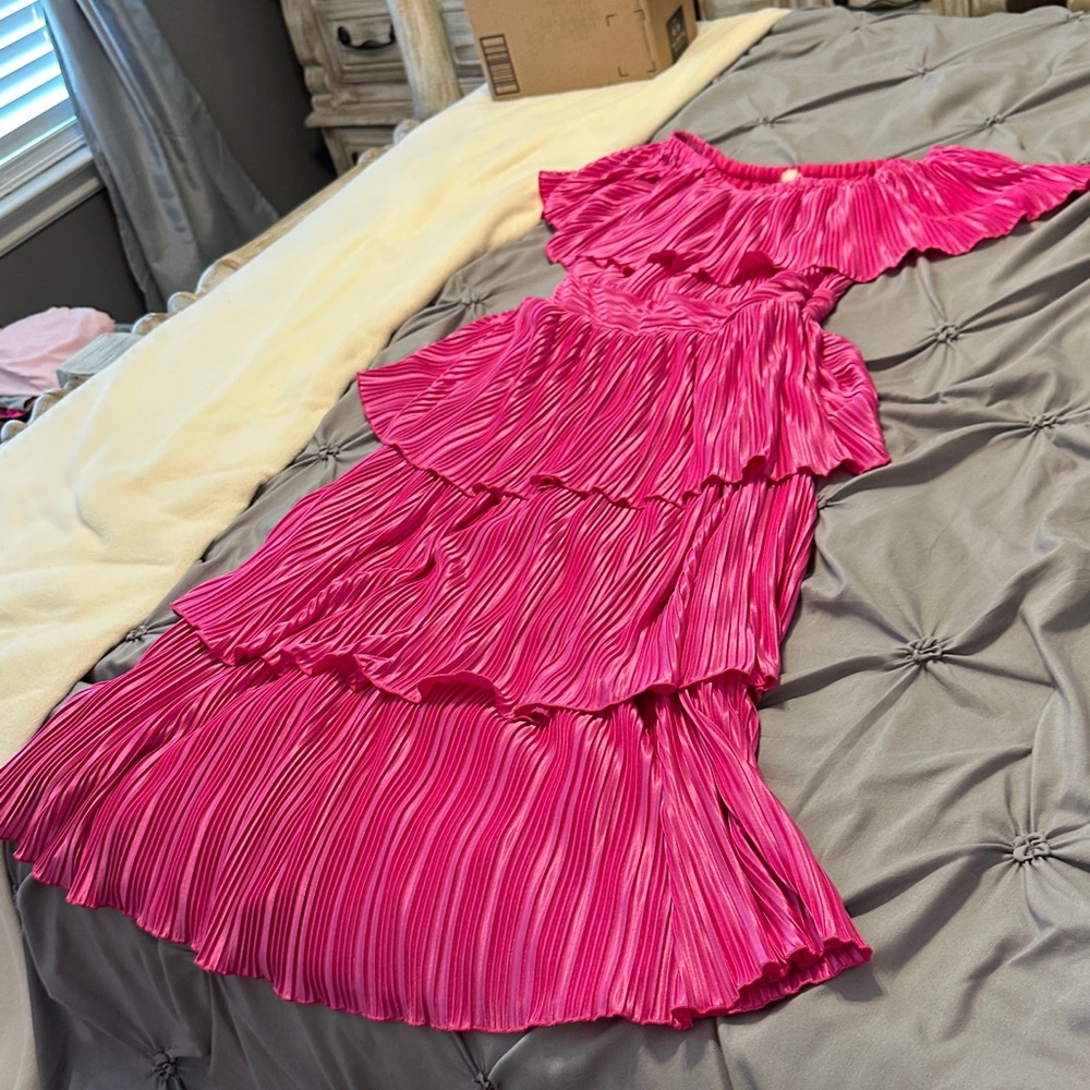 Bright Pink Tiered Pleated Maxi Dress